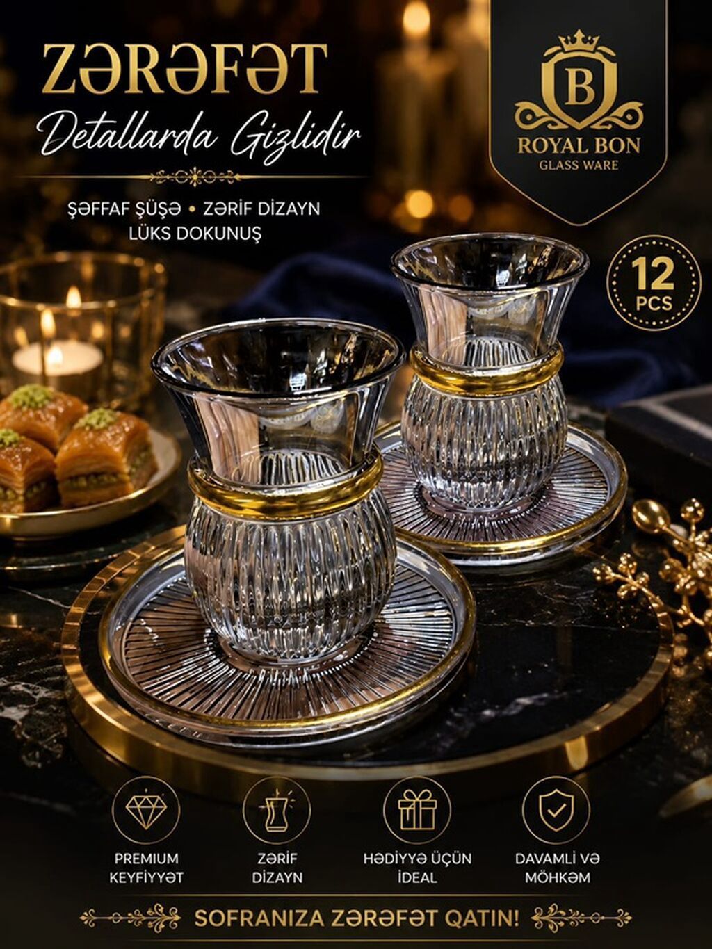 Çay dəsti, rəng - Qızılı, Şüşə