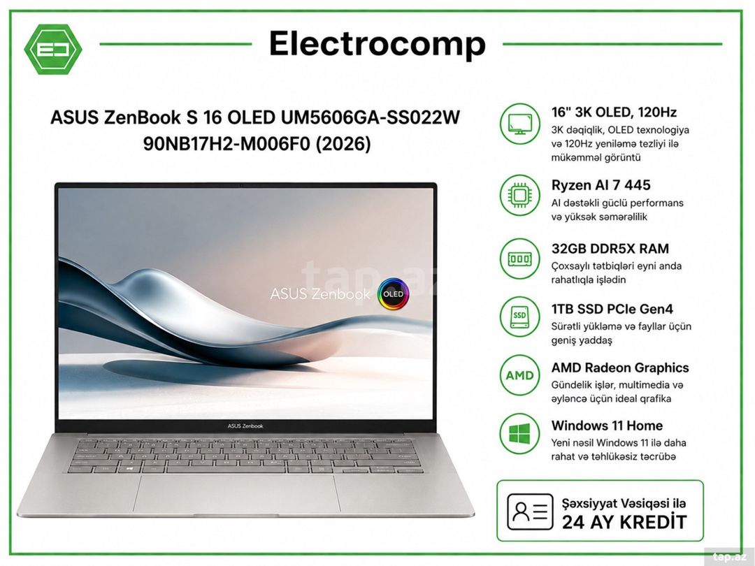 Notebook ASUS ZenBook S 16 OLED (2026) — Elektronika, Bakı