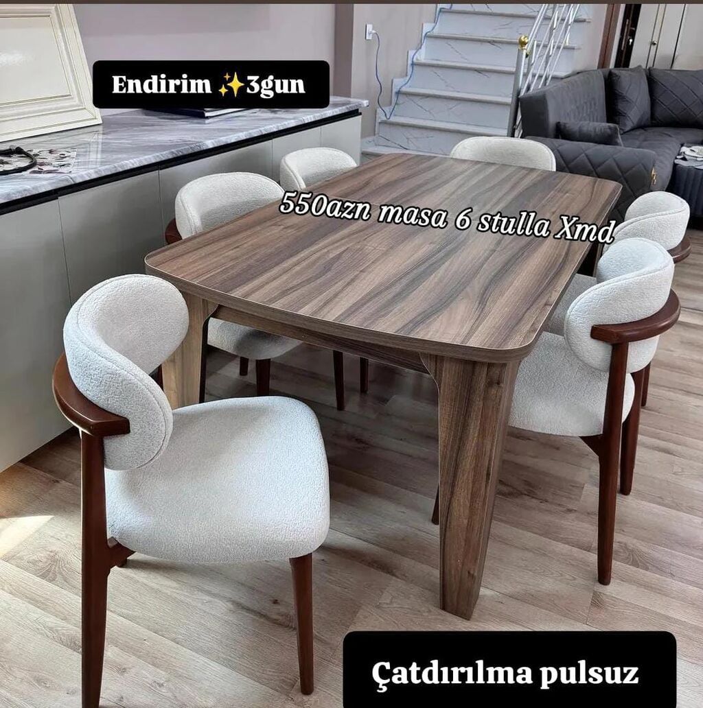 Yemək otağı dəsti: taxta naxışlı düzbucaqlı masa + 6 ədəd stul -