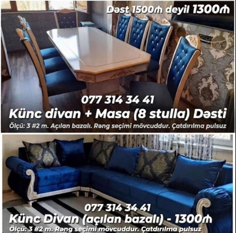 Künc divan + masa (8 stulla) dəsti Məhsul tərkibi: - Künc divan