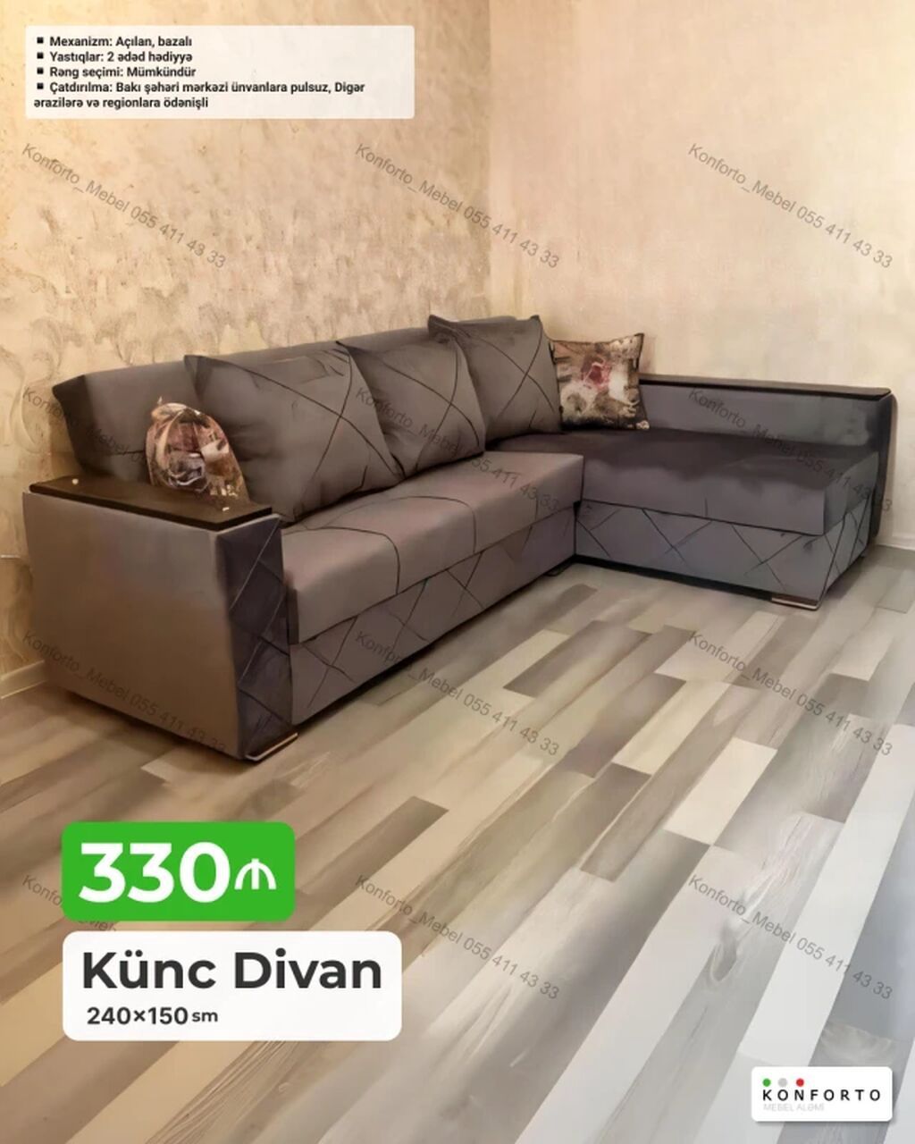Künc divan – 240×150 sm - Mexanizm: açılan, bazalı (alt hissədə geniş