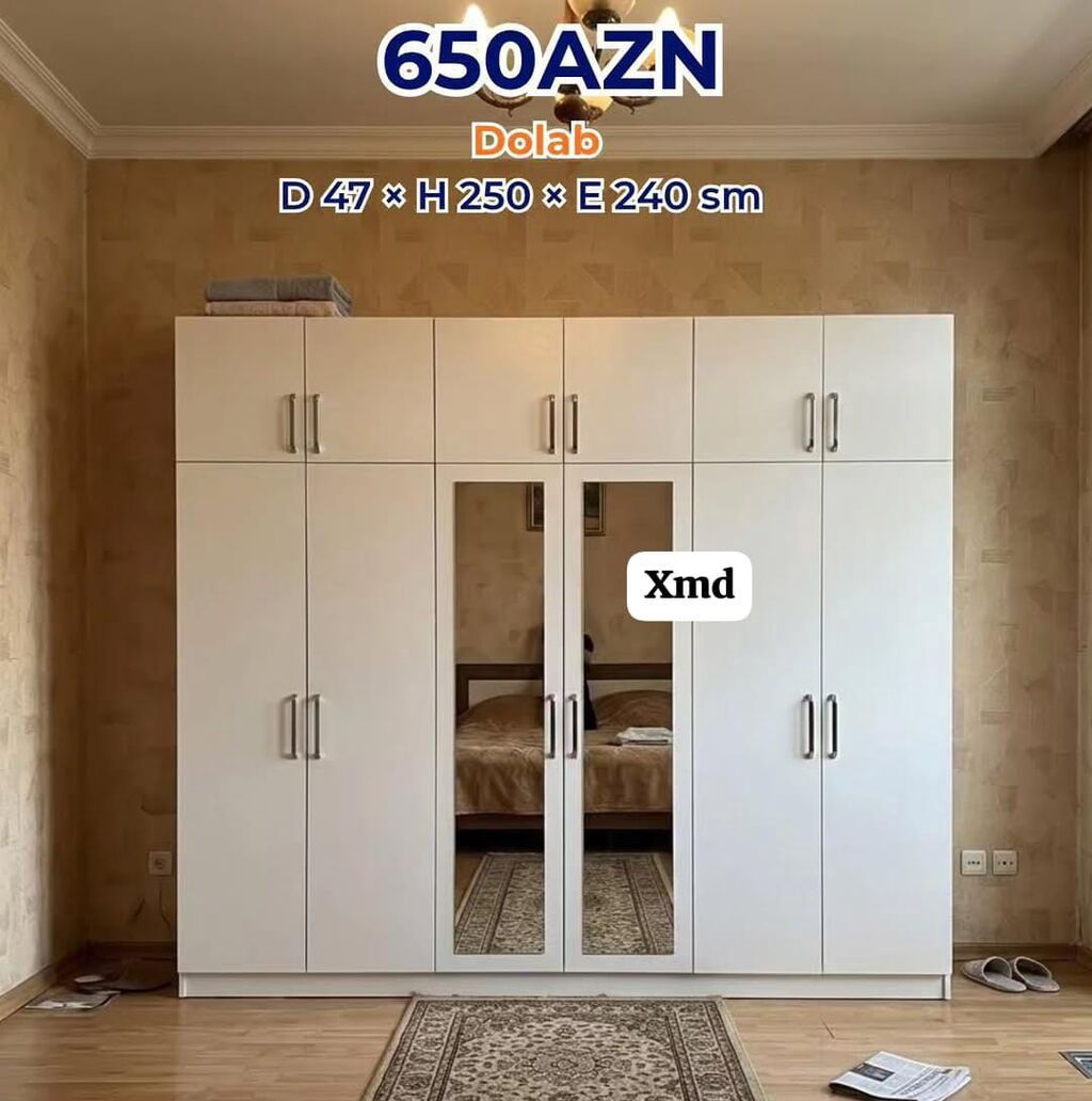 Ağ rəngli böyük yataq otağı dolabı Ölçülər: Dərinlik 47 sm × — Mebel, Masazır