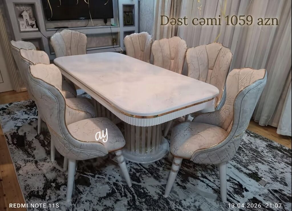 Yemək otağı dəsti – masa və 8 ədəd kreslo tipli stul - Rəng: açıq