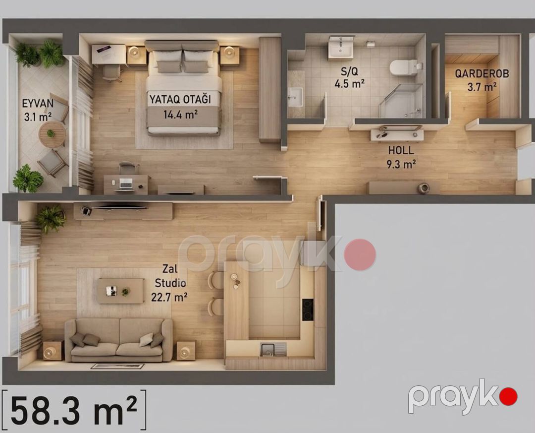 Satılır 1 otaqlı yeni tikili 58.3 m² — Mənzil, Bakı (8)