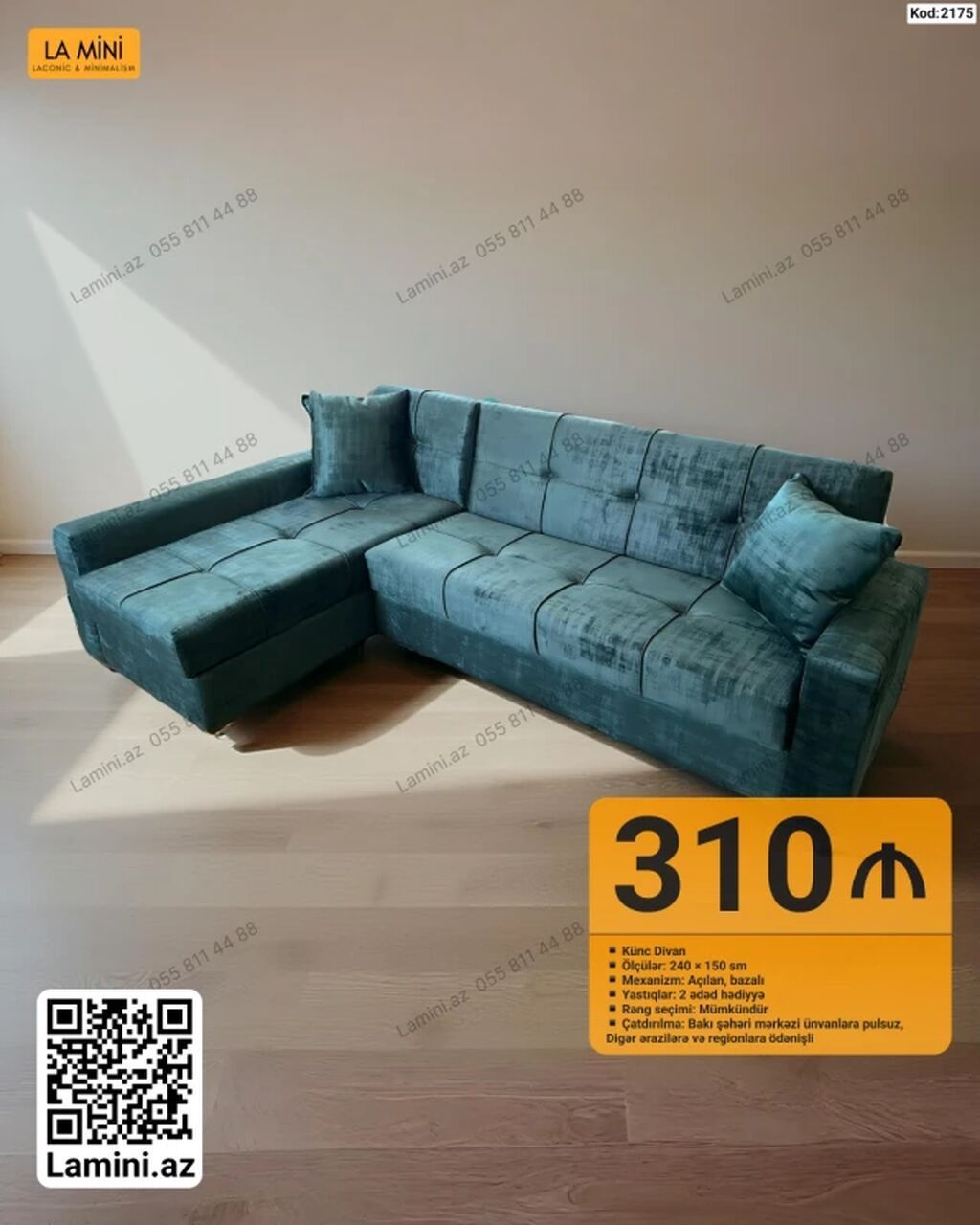 Künc divan – Kod: 2175 - Ölçülər: 240 × 150 sm - Mexanizm: açılan