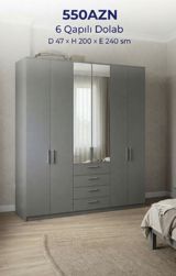 Yeni, 6 qapı, Güzgülü, Boz, Açılan, Düz dolab — Furniture