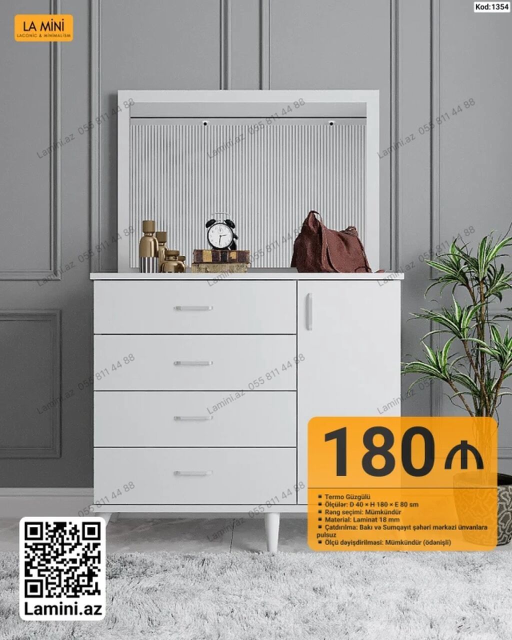 Ağ rəngdə dresser-komod və güzgü dəsti - Model: Termo güzgülü komod - — Mebel, Bakı