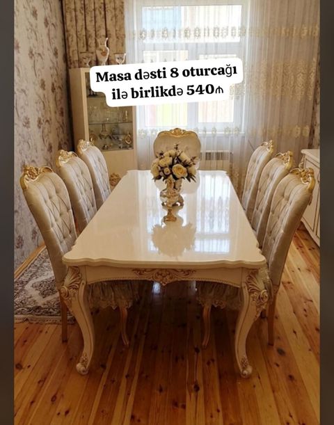 Qonaq otağı üçün masa dəsti — 8 stulla, 2×90 sm — Bakı