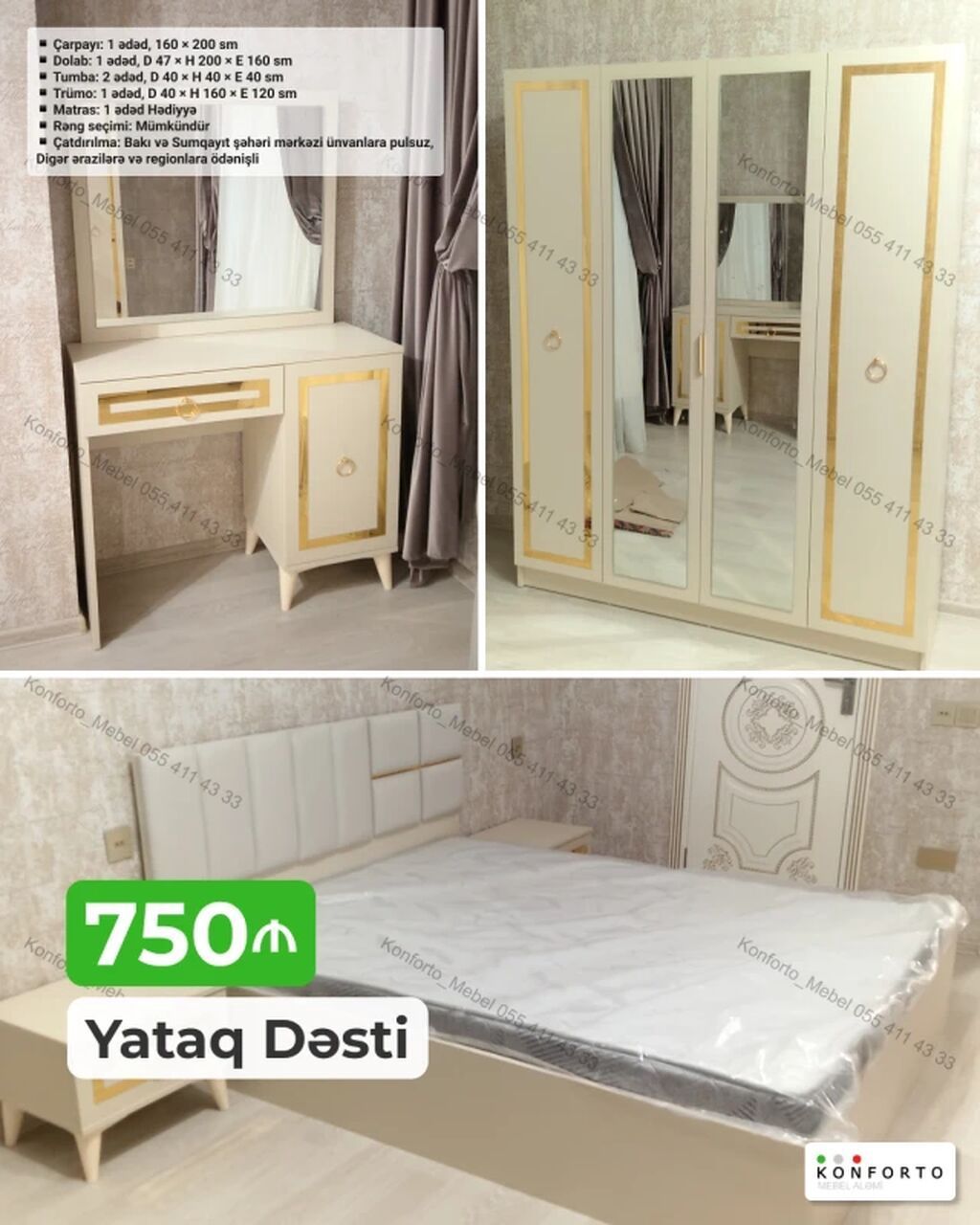 Yataq Dəsti – klassik-roma üslubunda krem və qızılı detallarla