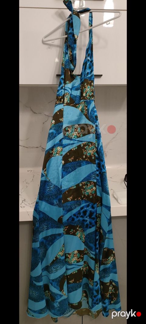 Mavi və yaşıl tonlarda naxışlı uzun yay donu - Model: halter tipli