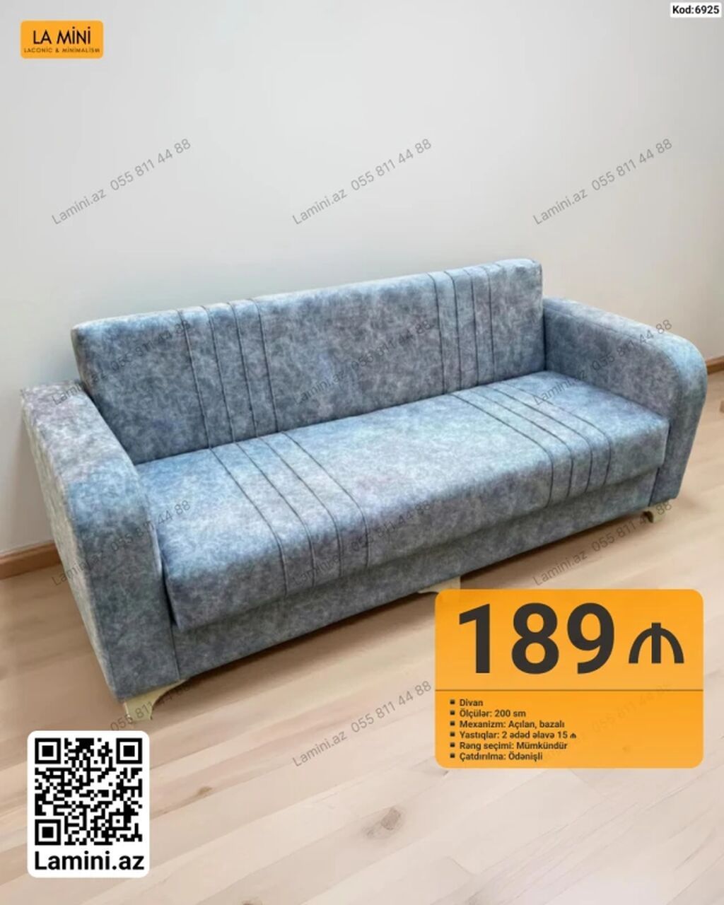 Divan – Kod: 6925 - Ölçü: 200 sm - Mexanizm: Açılan, bazalı - — Mebel, Bakı