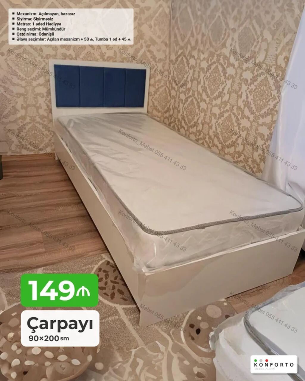 Çarpayı – 90×200 sm, mexanizm açılmayan, bazasız — Yataq mobilyası, Bakı