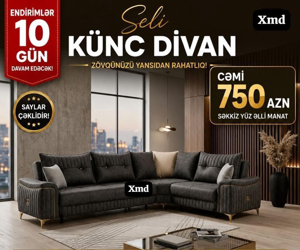 Seli künc divan - Şık, müasir L‑şəkilli dizayn - Yumşaq, toxunuşu xoş — Mebel, Bakı