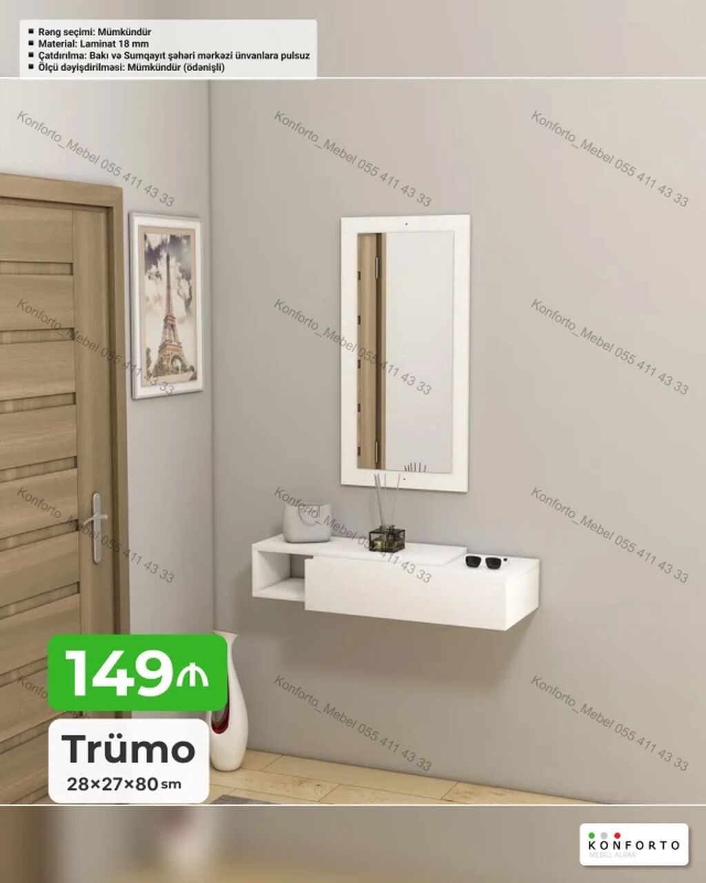Trümo – divara quraşdırılan konsol və güzgü dəsti - Ölçülər: 28 × 27 — Mebel, Bakı