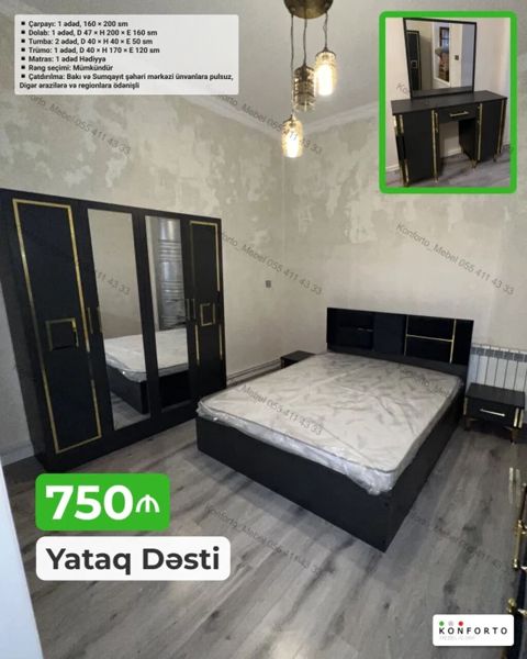 Yataq Dəsti – qara rəngdə, qızılı detallarla modern dizayn Komplektə