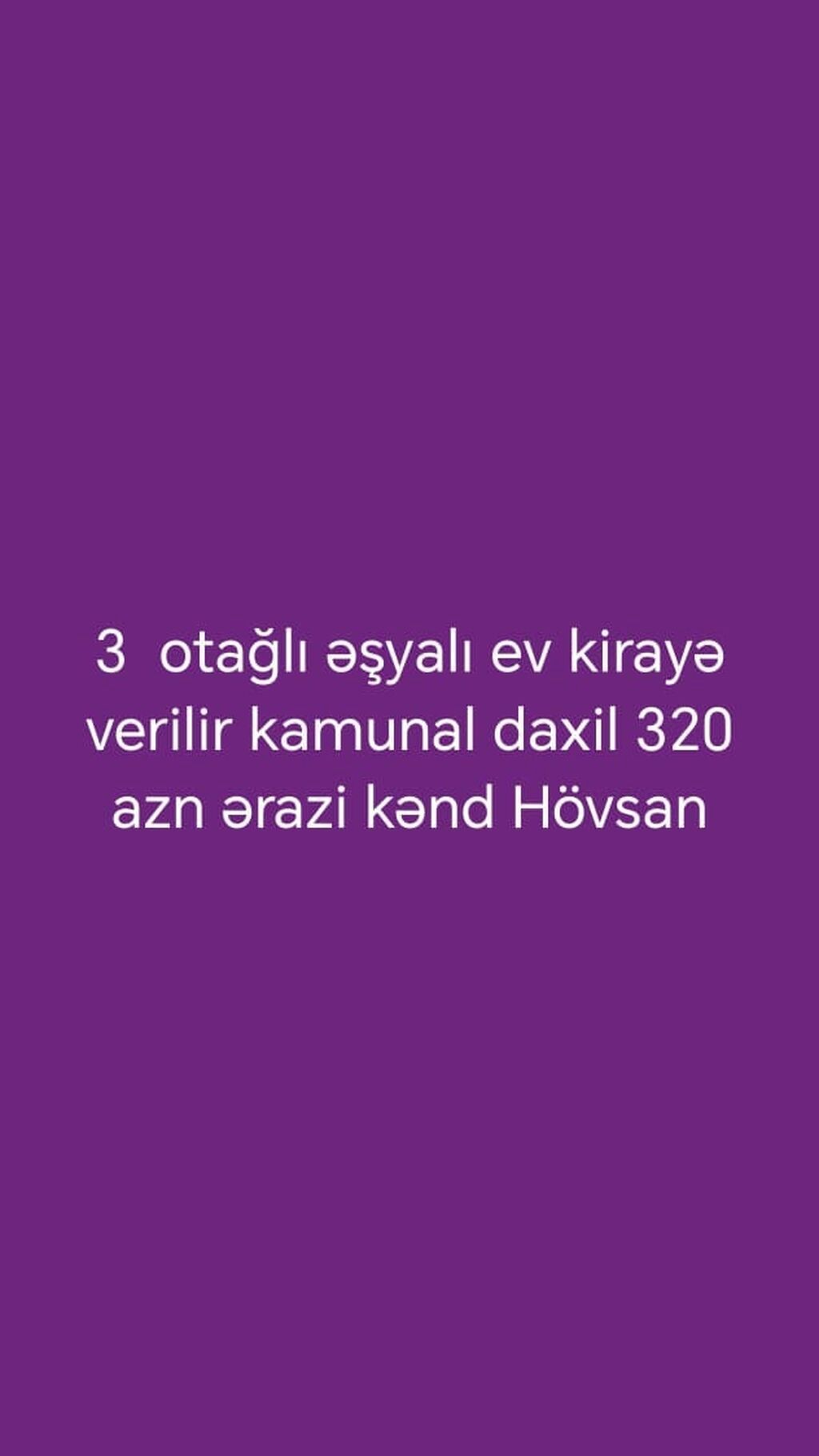 Hövşan kəndində 3 otaqlı, əşyalarla təmin olunmuş kirayə ev. Kommunal