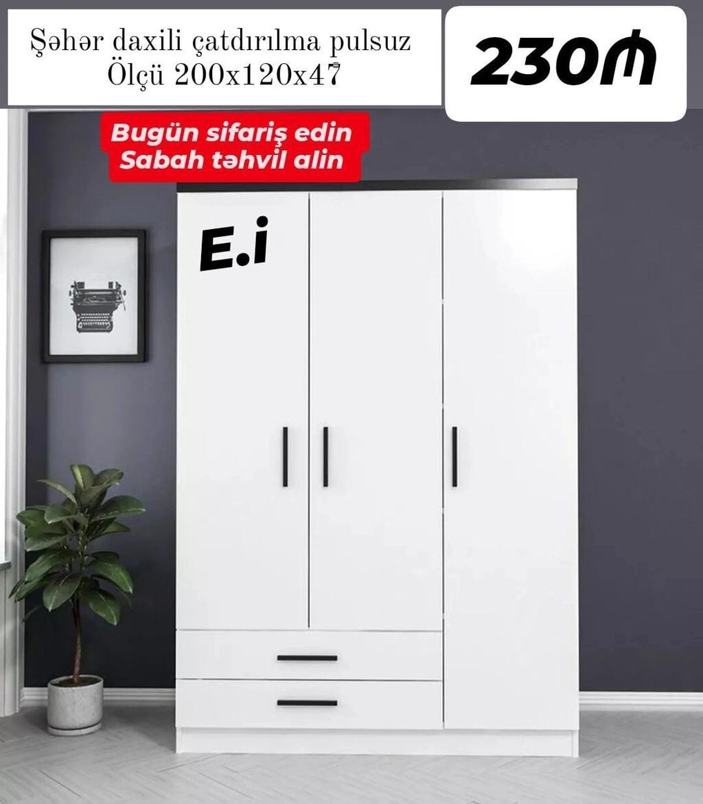 Ağ rəngli 3 qapılı paltar şkafı - Ölçü: 200 x 120 x 47 sm - Daxili — Mebel, Bakı