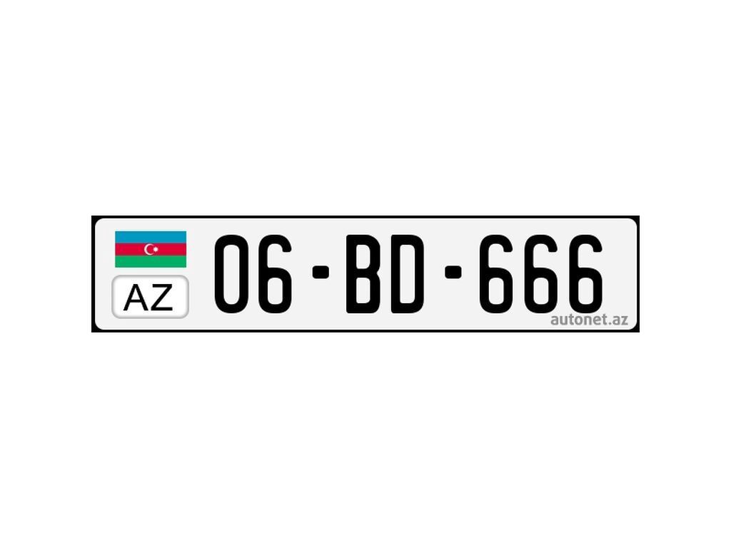 Nömrə nişanı: 06-BD-666 - Ölkə/standart: Azərbaycan (AZ), ağ fonlu — Avto, Beyləqan