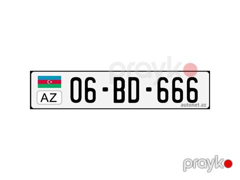 Nömrə nişanı: 06-BD-666 - Ölkə/standart: Azərbaycan (AZ), ağ fonlu