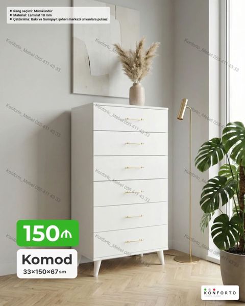 Ağ rəngdə, minimal dizaynlı komod - Ölçü: 33 × 150 × 67 sm - — Konforto Mebel — Комоды и тумбы
