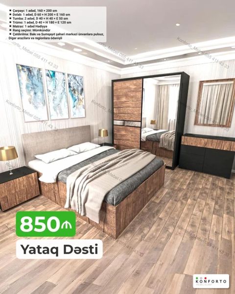 Yataq Dəsti – 850 ₼ Dəst tərkibi və ölçülər: - Çarpayı: 1 ədəd, 160 × — Konforto Mebel — Bedroom furniture sets