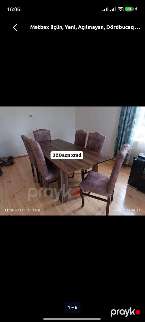 Mətbəx üçün, Yeni, Açılmayan, Dördbucaq masa, 6 stul