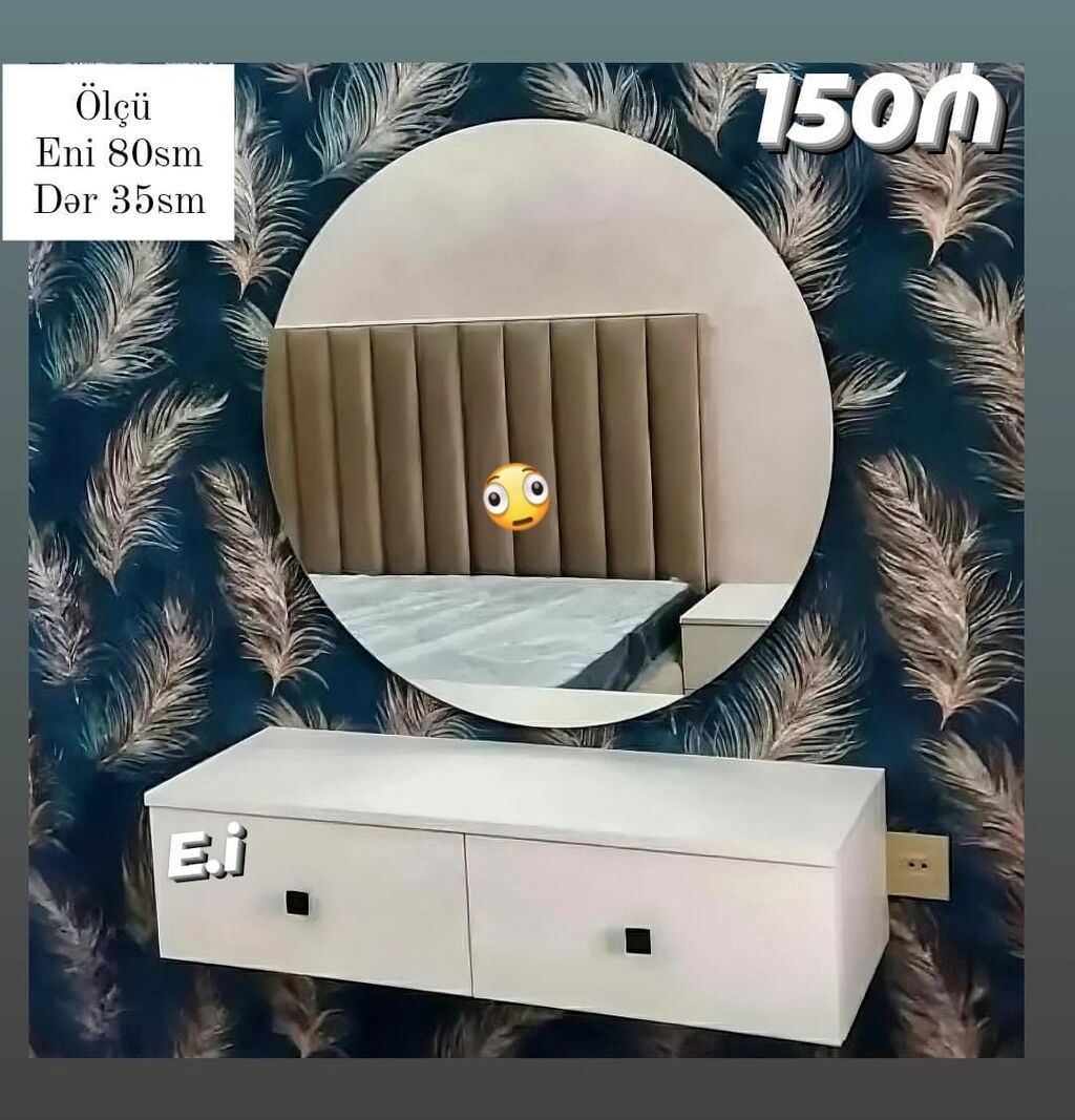 - Dəyirmi divar güzgüsü və iki çekmecəli asma konsol. Ölçü: eni 80 sm — Mebel, Bakı