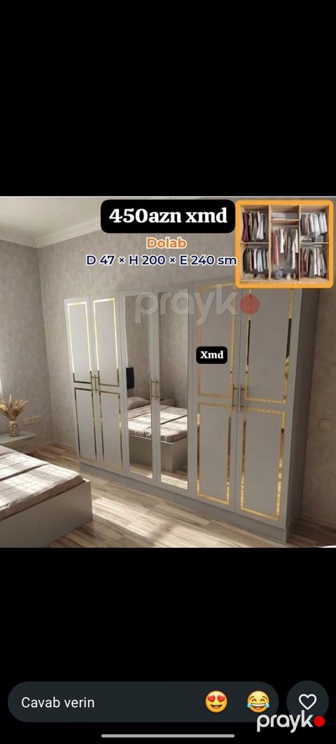 Dolab – D 47 × H 200 × E 240 sm - 4 qapılı, ortada tam bədən güzgülər