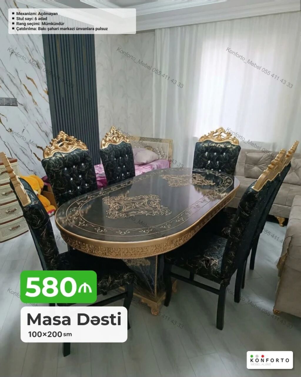 Masa Dəsti – 100×200 sm - Klassik üslubda oval masa və 6 ədəd stuldan — Mebel, Bakı