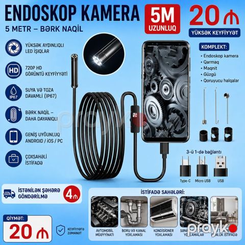 Endoskop kamera. 🚩 Naqil Uzunluğu -5 Metr (20₼) - bərk 🚩 Naqil — Lənkəran
