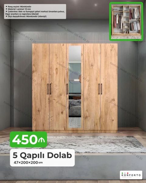 5 qapılı geyim dolabı - Ölçü: 47×200×200 sm - Material: 18 mm laminat