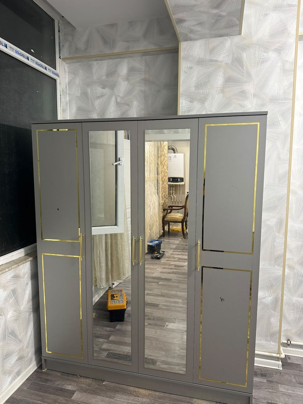 Yeni, 4 qapılı, Güzgülü, Boz, Açılan, Düz dolab — Mebel, Bakı