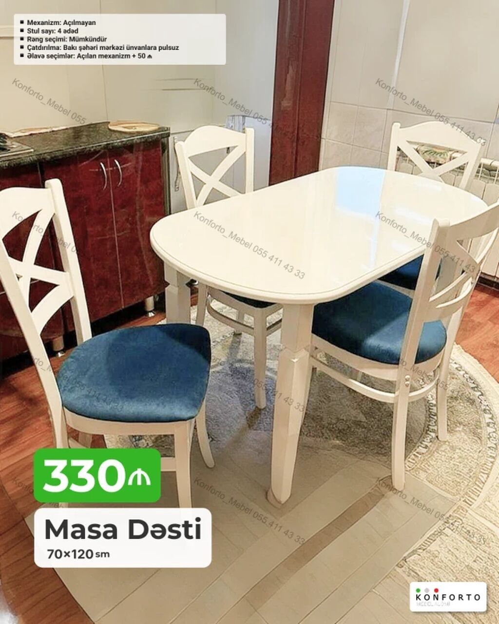 Məhsul: Masa Dəsti – 70×120 sm • Tərkib: 1 ədəd oblong masa + 4 ədəd