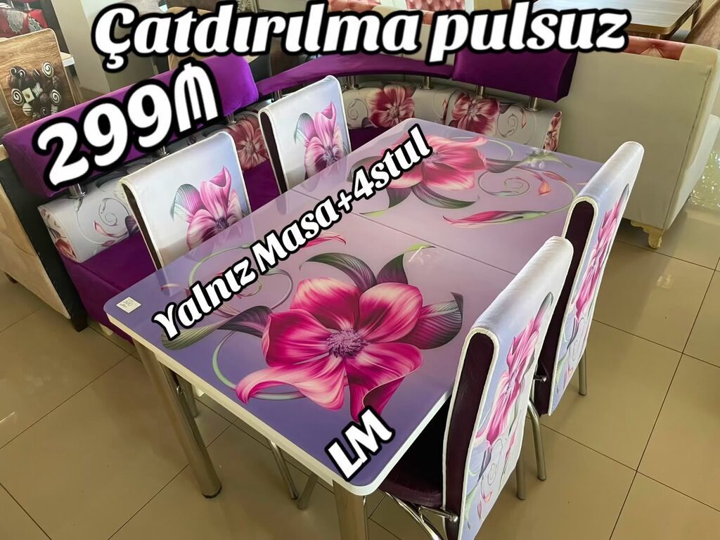 Mətbəx masa dəsti – şüşəüstü masa + 4 stul - Masa ölçüsü: 80 sm x 130 — Mebel, Bakı