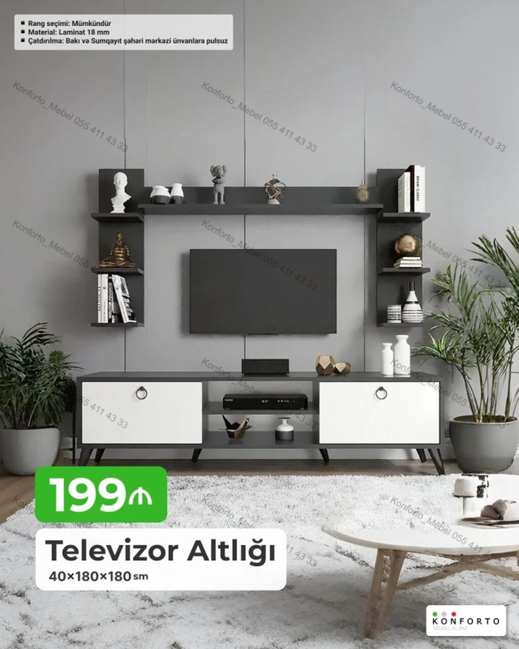 Televizor altlığı və divar rəf dəsti - Ölçü: 40×180×180 sm -