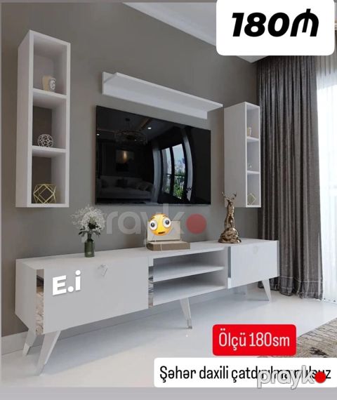 Ağ rəngli müasir TV stendi və divar rəfləri dəsti - Ölçü: 180 sm (TV — Quba