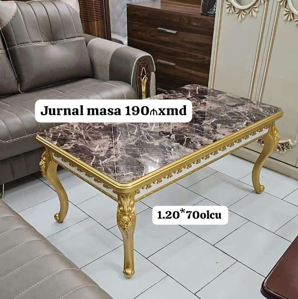 Jurnal masa - 1.20×70 sm, qızılı ayaqları, mərmər üstü
