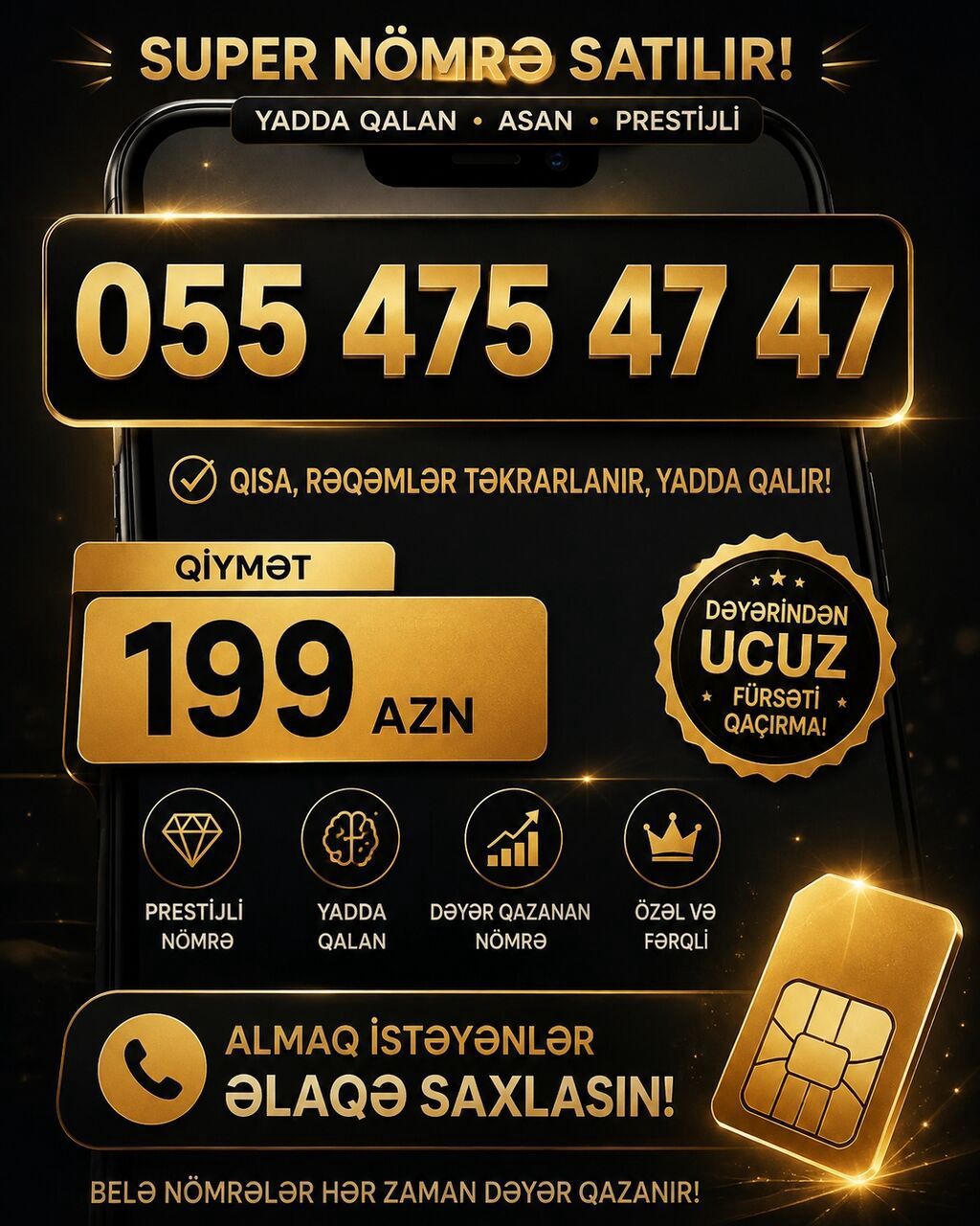 Super nömrə satılır – yadda qalan, asan və prestijli. Nömrə: 055 475