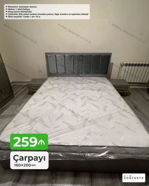Çarpayı – 160×200 sm • Mexanizm: açılmayan, bazasız • Başlıq: yumşaq — Konforto Mebel — Çarpayılar