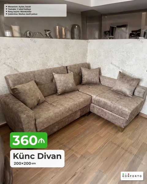 Künc divan – 200×200 sm - Açılan, bazalı mexanizm: Geniş yuxarıdan