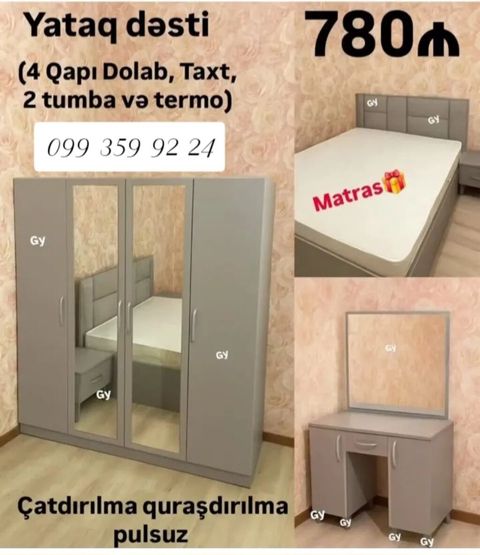 Yataq dəsti – 780₼ Komplektə daxildir: - 4 qapılı şkaf (ortada — Bakı