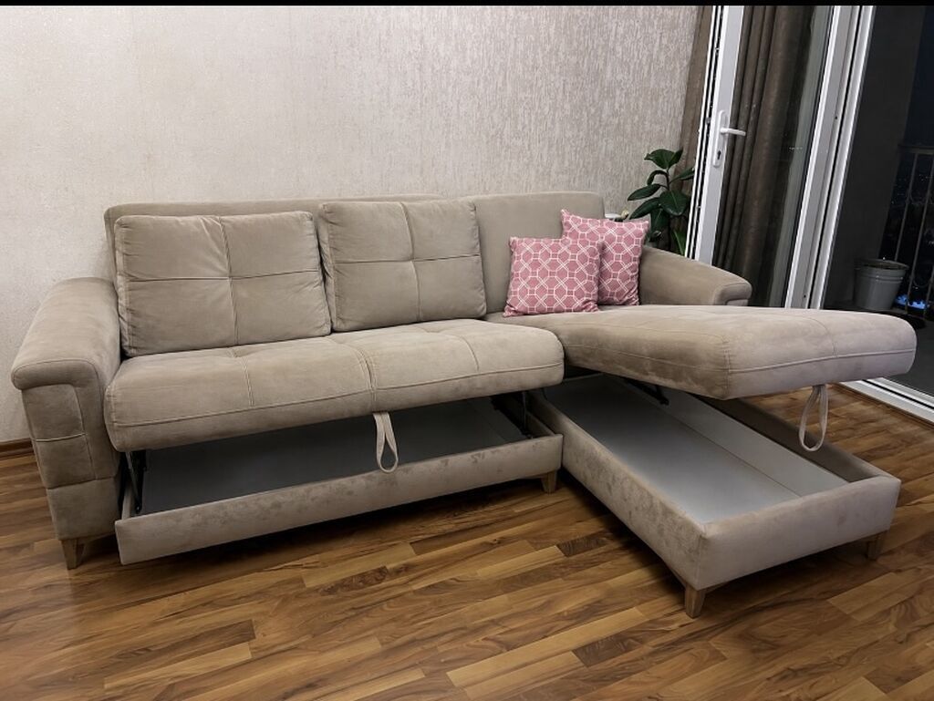 L-şəkilli transformasiya olunan divan - Rəng: açıq bej - Forma: sağ — Mebel, Bakı (3)
