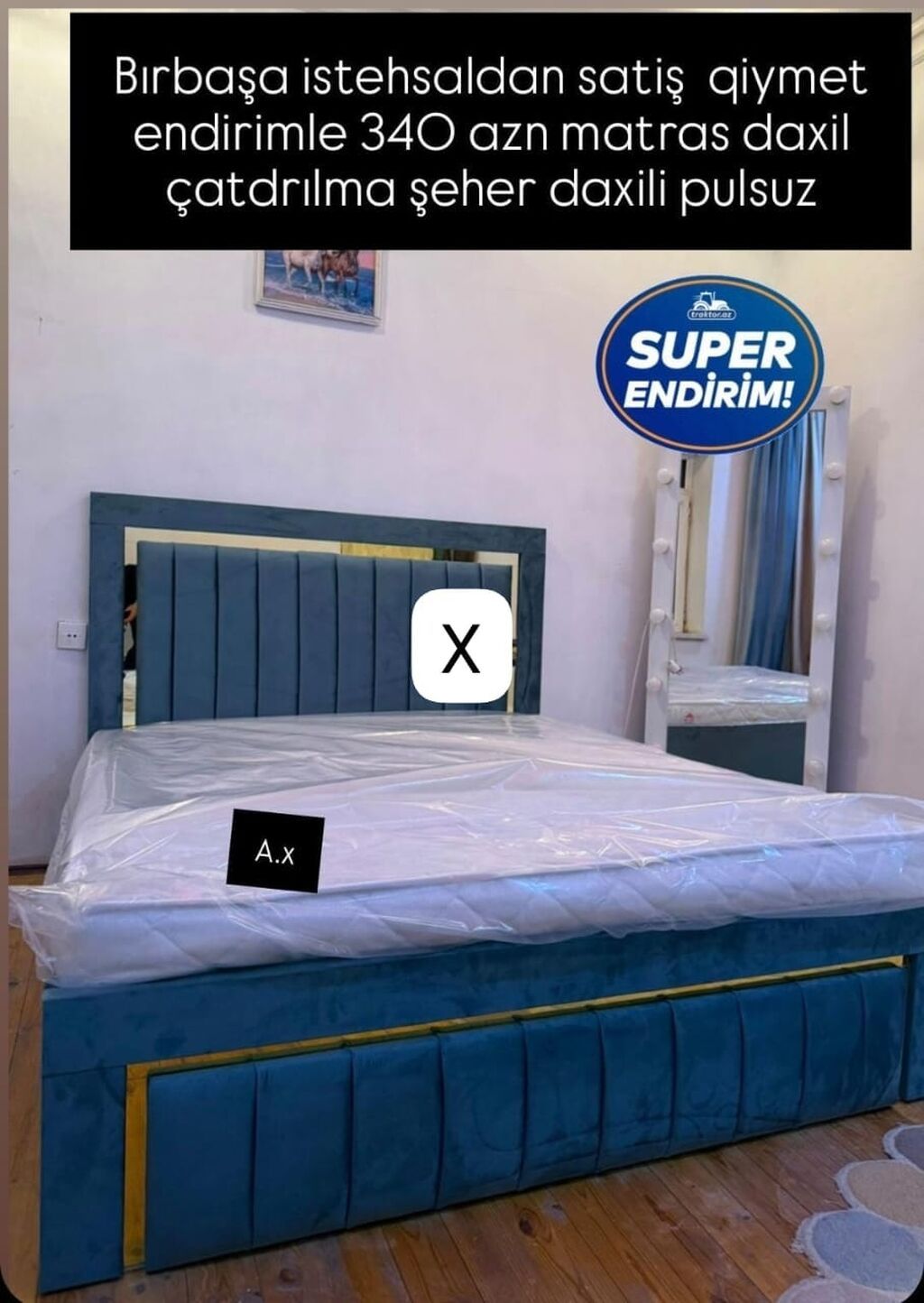 Müasir dizaynlı iki nəfərlik çarpayı dəsti. Dəstə matras daxildir — Yataqlar, Bakı