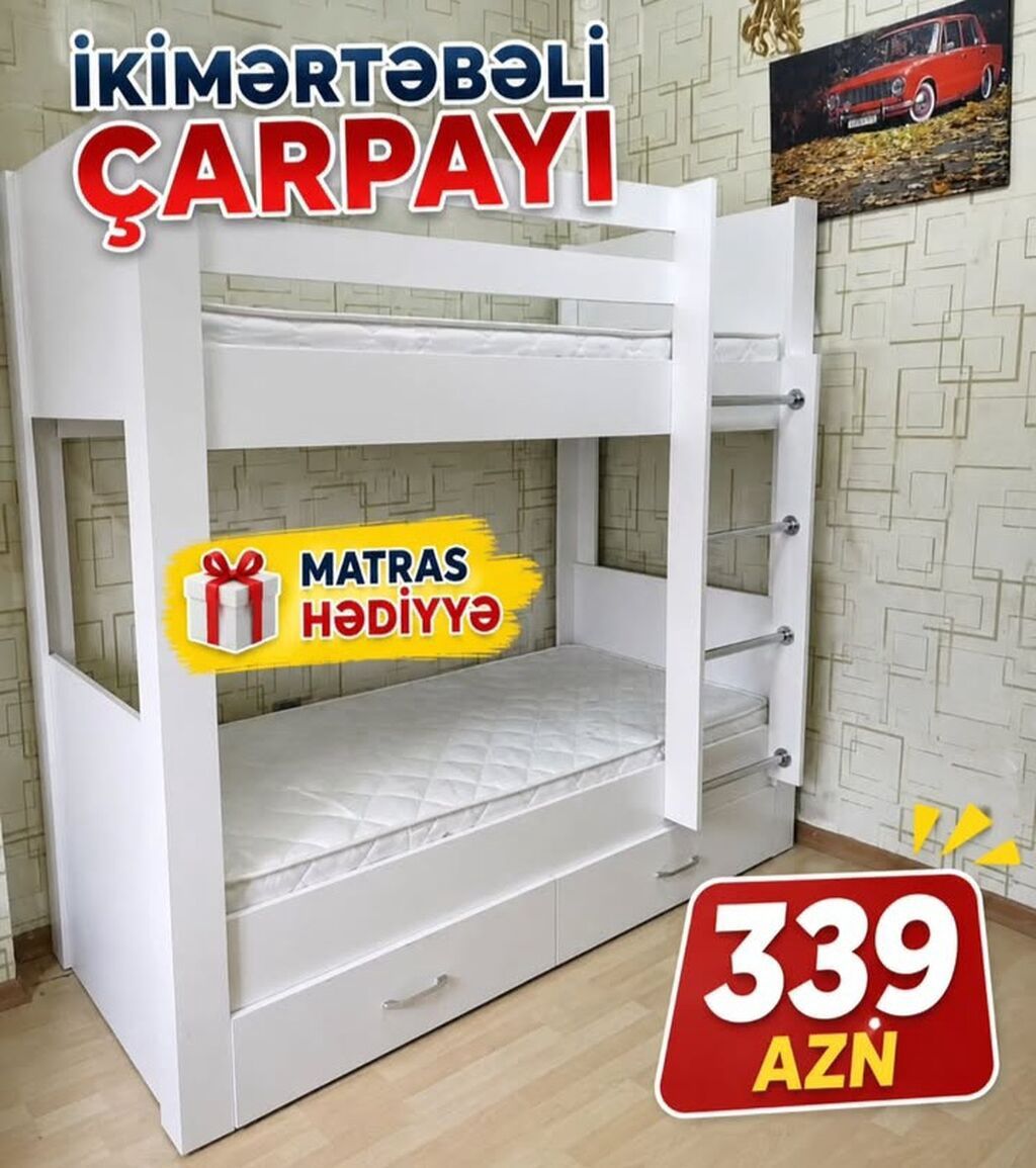 İkimərtəbəli çarpayı — ağ, matras hədiyyə