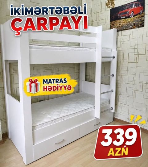 İkimərtəbəli çarpayı — ağ, matras hədiyyə — Bakı