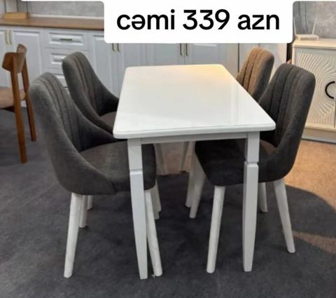 Ağ rəngdə yemək masası və 4 ədəd stul dəsti. - Düzbucaqlı, kompakt