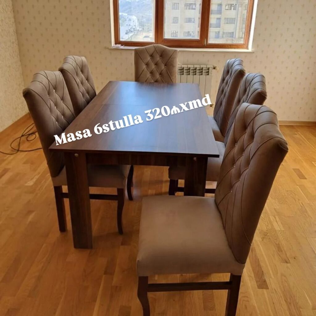 Yemək otağı dəsti – 1 masa + 6 stul - Masa: tünd ağac rəngli — Mebel, Xırdalan
