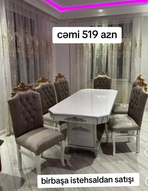 Yemək otağı dəsti – klassik dizayn - Dəst: 1 düzbucaqlı masa + 6 stul