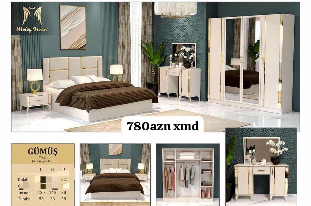 Gümüş Yataq Dəsti – krem (parlaq) dizayn Komplekt: - 4 qapılı şkaf – — Yataq otağı mobilya dəstləri, Bakı