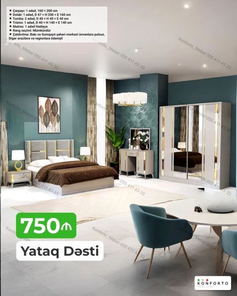 Yataq Dəsti – 750 ₼ Dəst tərkibi və ölçülər: - Çarpayı: 1 ədəd, 160 x
